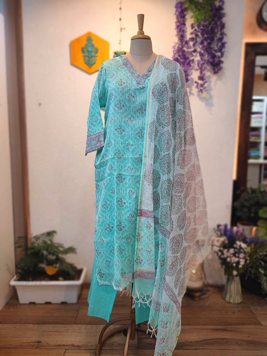 Kota Printed Ready-Made Suit Set for Women with Dupatta (Mint Green)