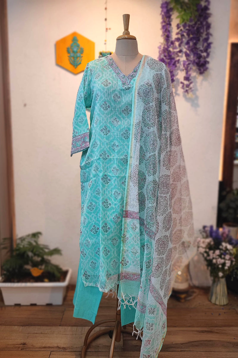 Kota Printed Ready-Made Suit Set for Women with Dupatta (Mint Green)