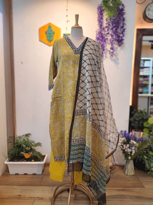 Kota Printed Ready-Made Suit Set for Women with Contrast Dupatta (Mustard Yellow & Black)