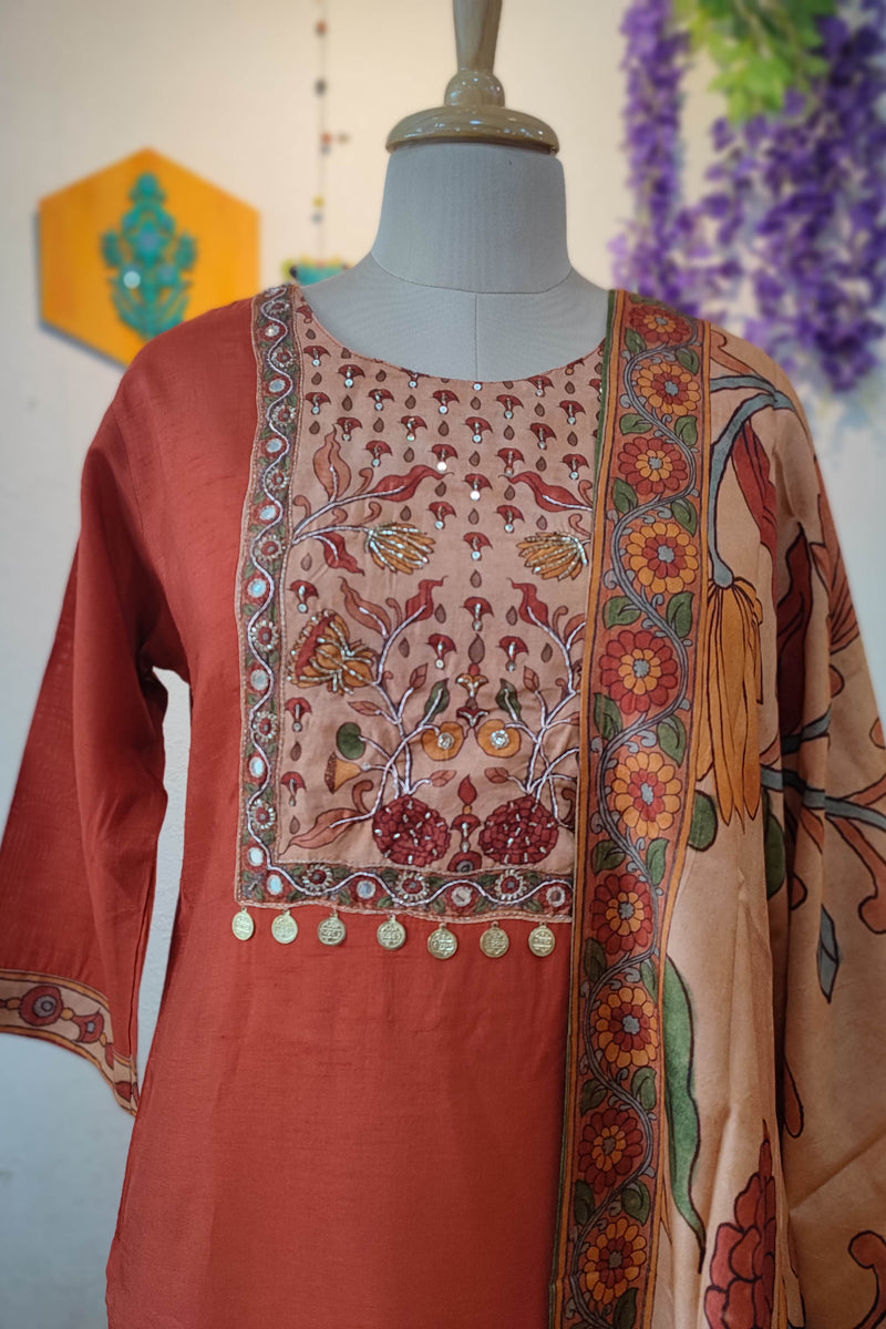 Rust Orange Muslin Ready Suit with Embroidered Kurta & Kalamkari Dupatta