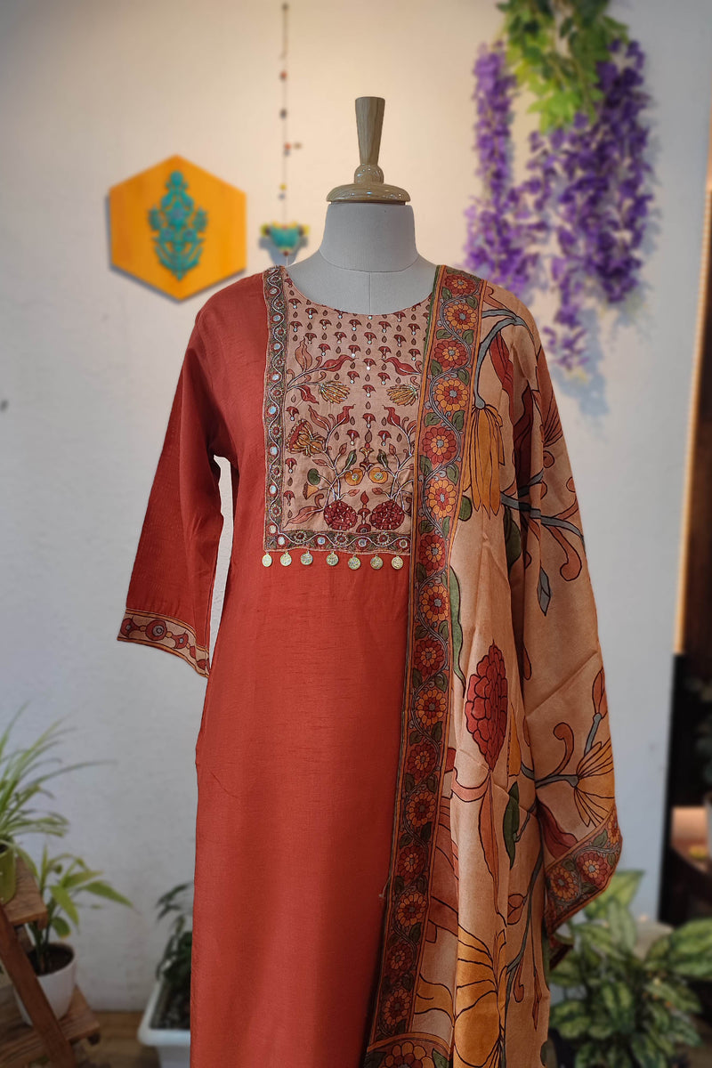 Rust Orange Muslin Ready Suit with Embroidered Kurta & Kalamkari Dupatta