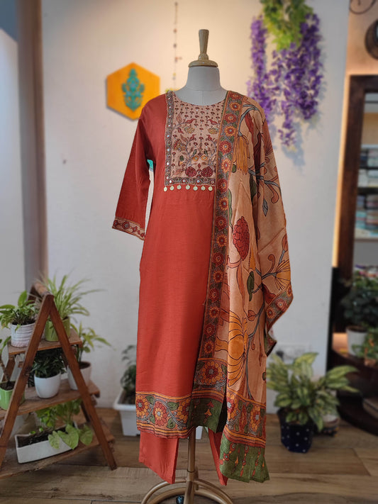 Rust Orange Muslin Ready Suit with Embroidered Kurta & Kalamkari Dupatta