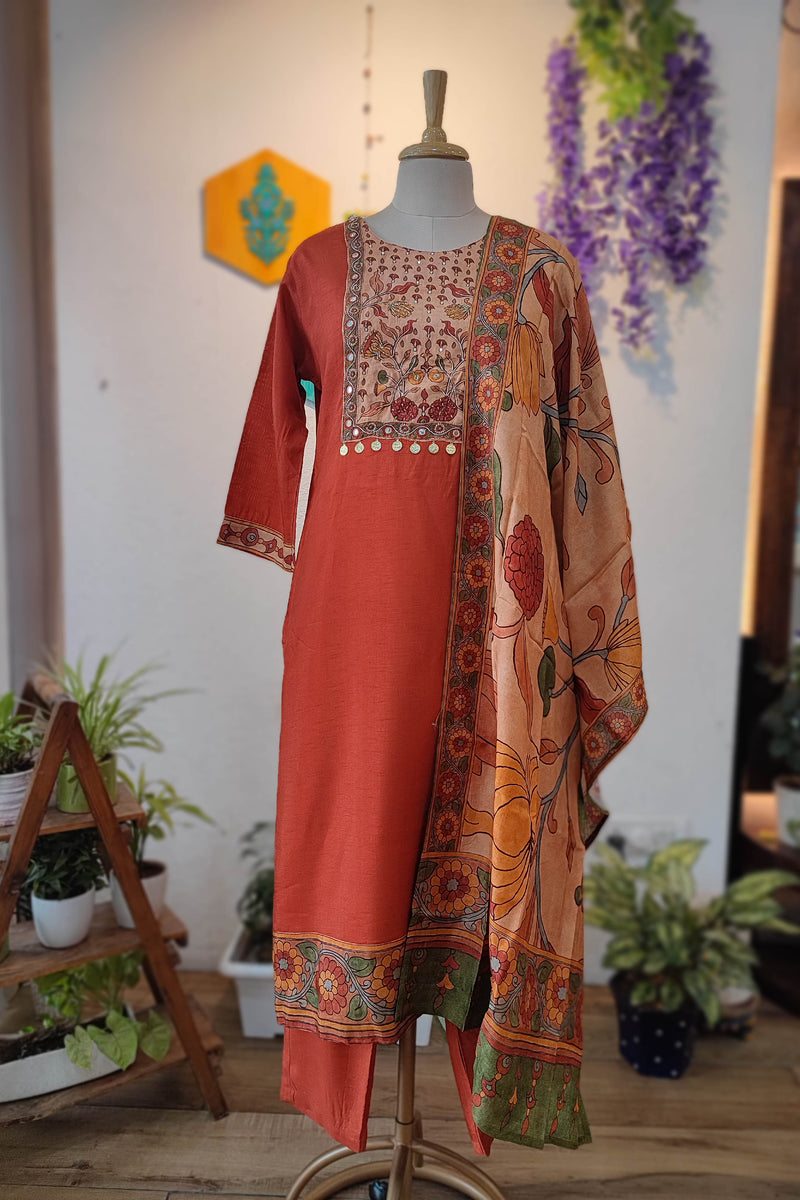 Rust Orange Muslin Ready Suit with Embroidered Kurta & Kalamkari Dupatta