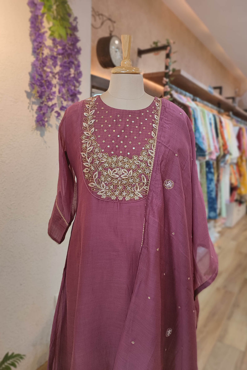 Mauve Mul Chanderisilk Ready Suit with Handwork Neckline & Matching Dupatta