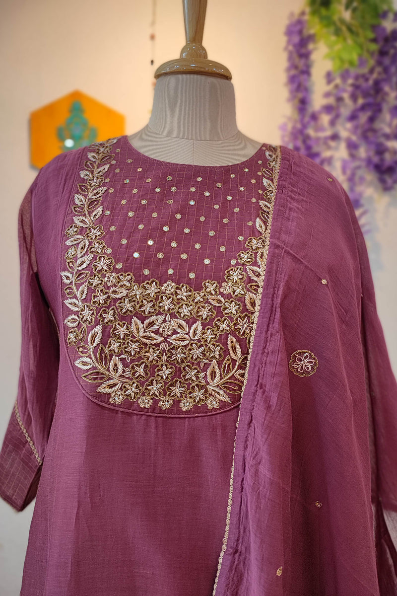 Mauve Mul Chanderisilk Ready Suit with Handwork Neckline & Matching Dupatta