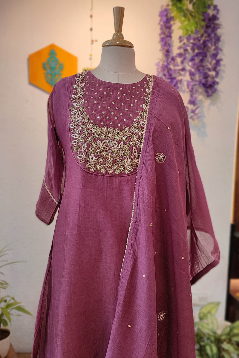 Mauve Mul Chanderisilk Ready Suit with Handwork Neckline & Matching Dupatta