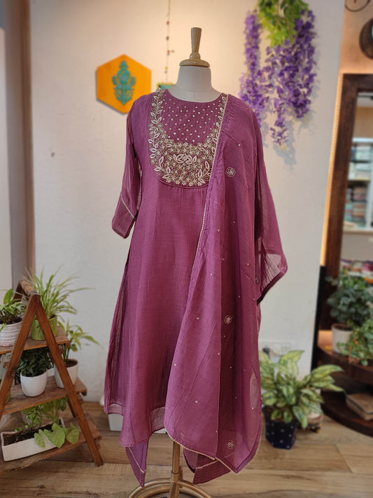 Mauve Mul Chanderisilk Ready Suit with Handwork Neckline & Matching Dupatta