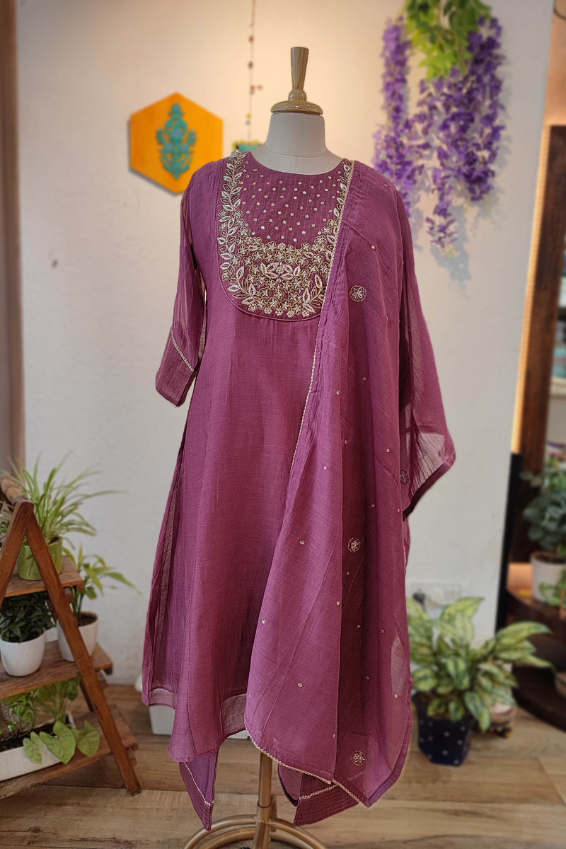 Mauve Mul Chanderisilk Ready Suit with Handwork Neckline & Matching Dupatta
