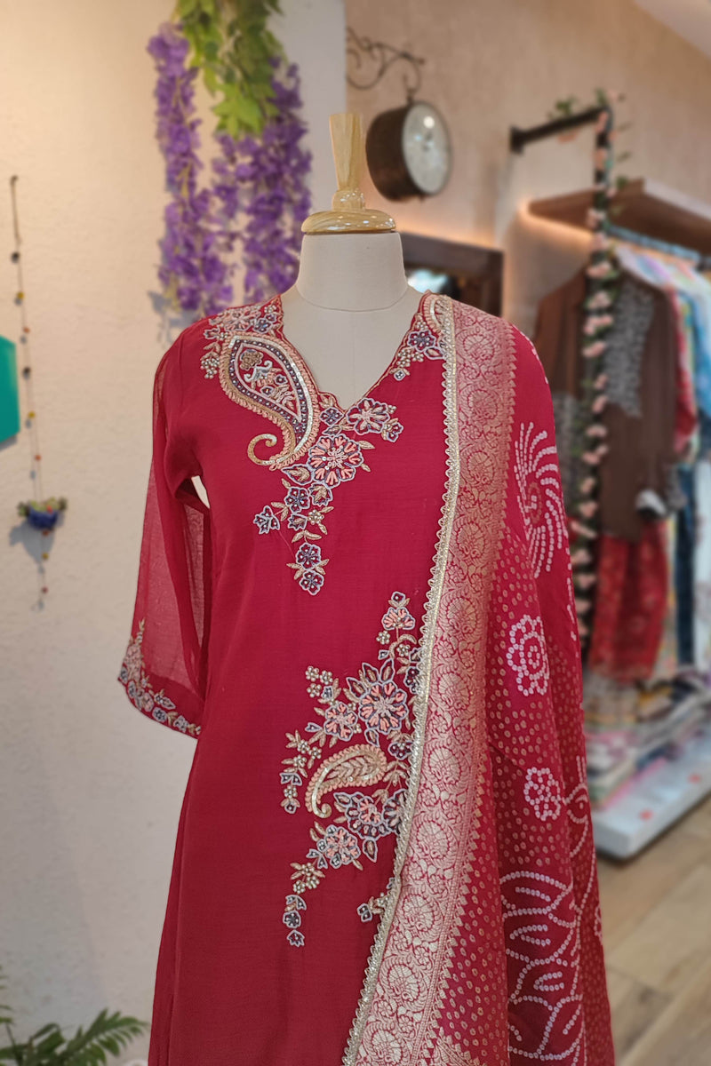 Wine Mal Chanderi Ready Suit with Floral Embroidery & Printed Dupatta