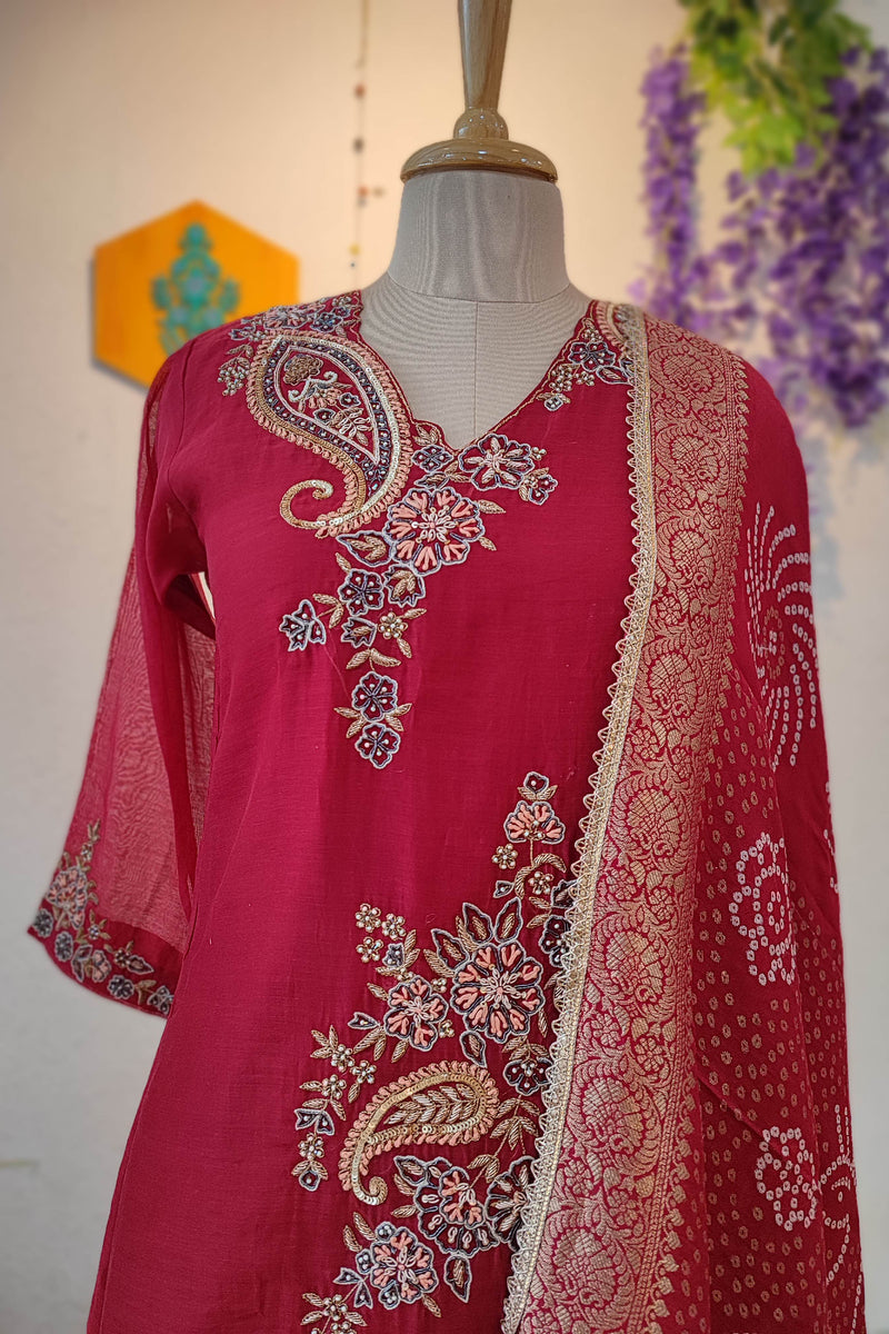 Wine Mal Chanderi Ready Suit with Floral Embroidery & Printed Dupatta