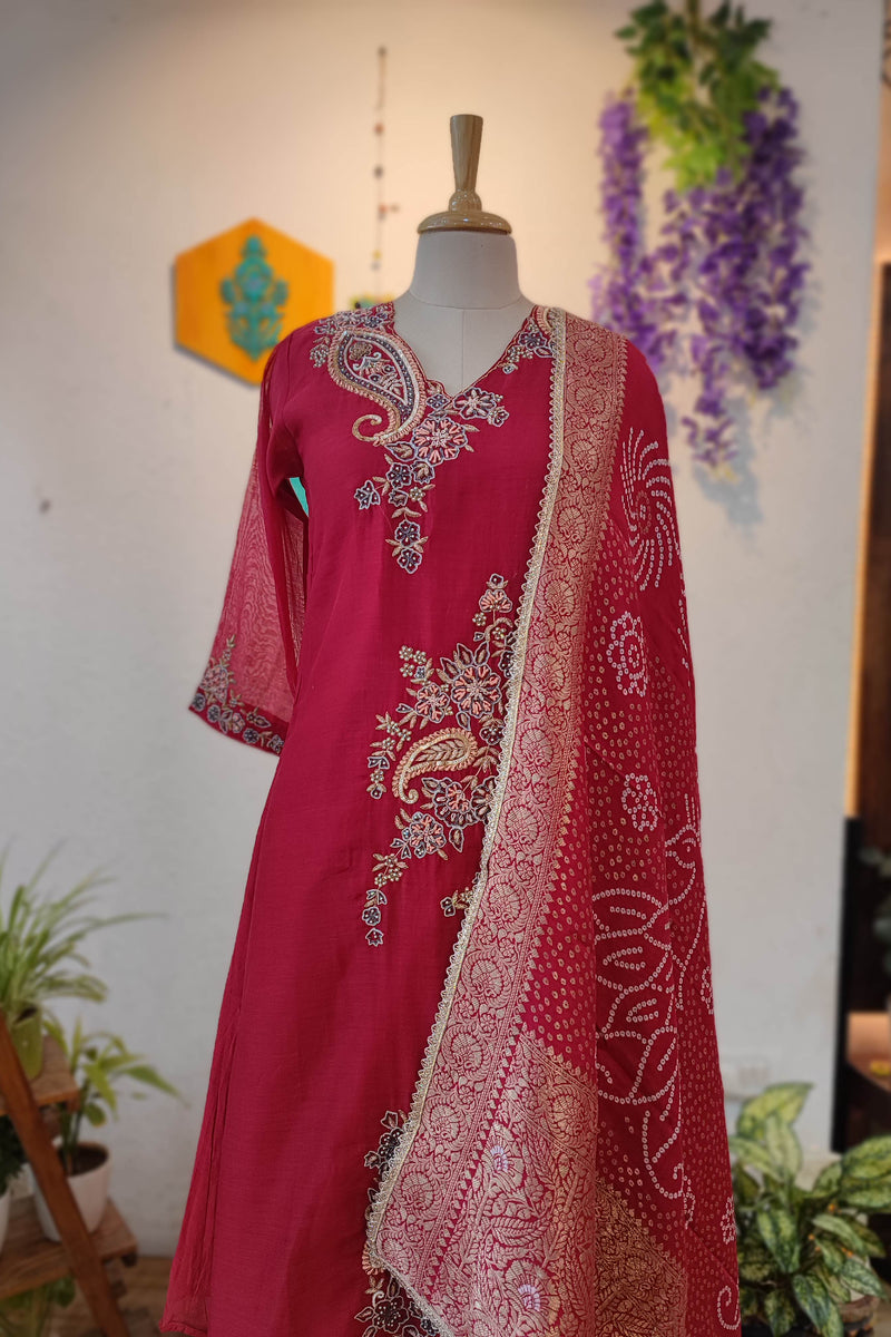 Wine Mal Chanderi Ready Suit with Floral Embroidery & Printed Dupatta