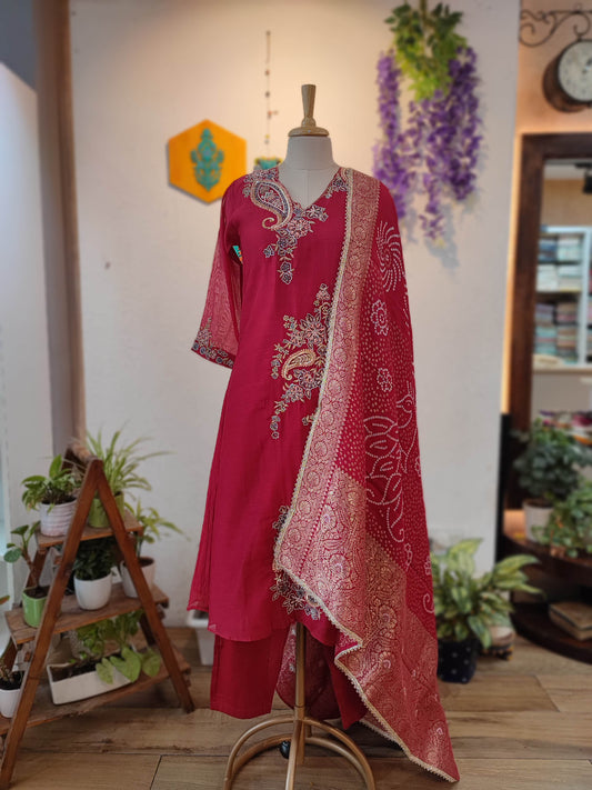 Wine Mal Chanderi Ready Suit with Floral Embroidery & Printed Dupatta