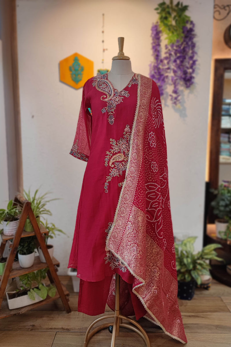 Wine Mal Chanderi Ready Suit with Floral Embroidery & Printed Dupatta