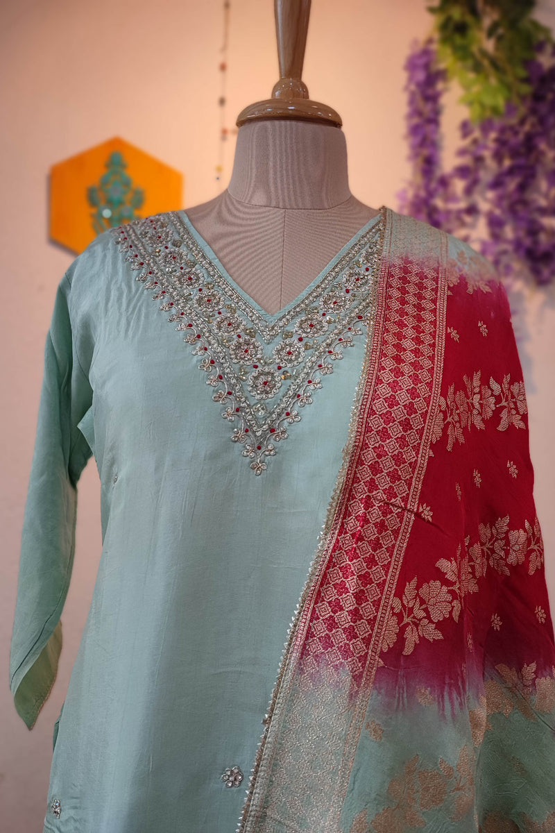 Sky Blue Crape Silk Suit with Rani Printed Dupatta & Embroidered Neckline