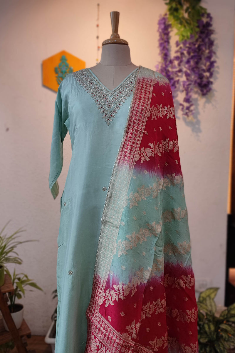 Sky Blue Crape Silk Suit with Rani Printed Dupatta & Embroidered Neckline