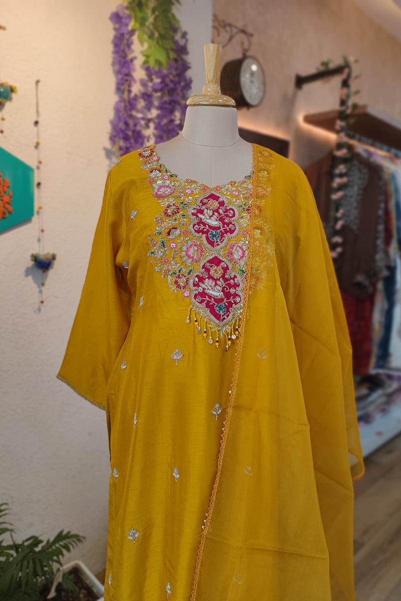 Mustard Yellow crape silk Ready Suit with Multicolor Floral Embroidery & Designer Dupatta