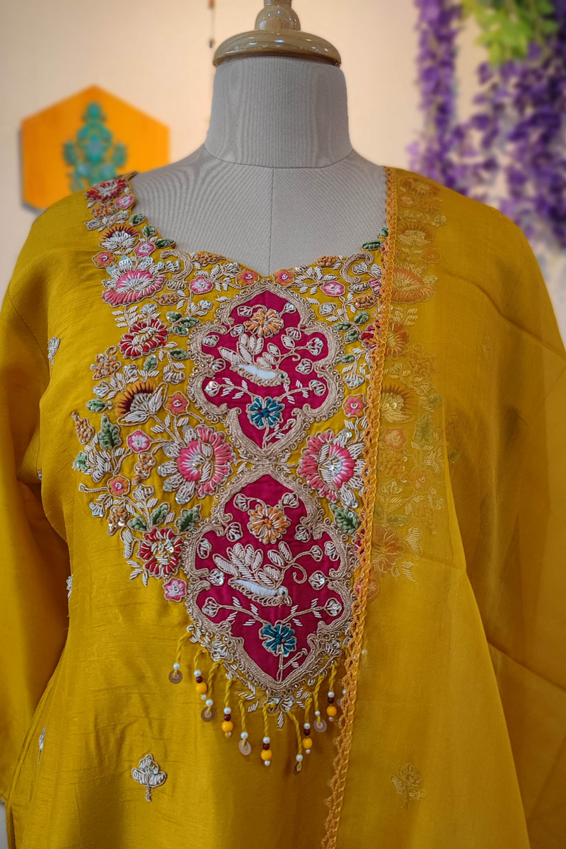Mustard Yellow crape silk Ready Suit with Multicolor Floral Embroidery & Designer Dupatta