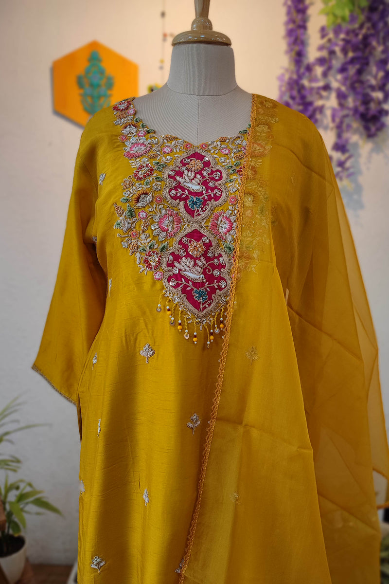 Mustard Yellow crape silk Ready Suit with Multicolor Floral Embroidery & Designer Dupatta