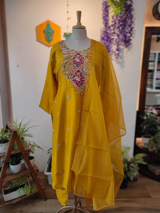 Mustard Yellow crape silk Ready Suit with Multicolor Floral Embroidery & Designer Dupatta