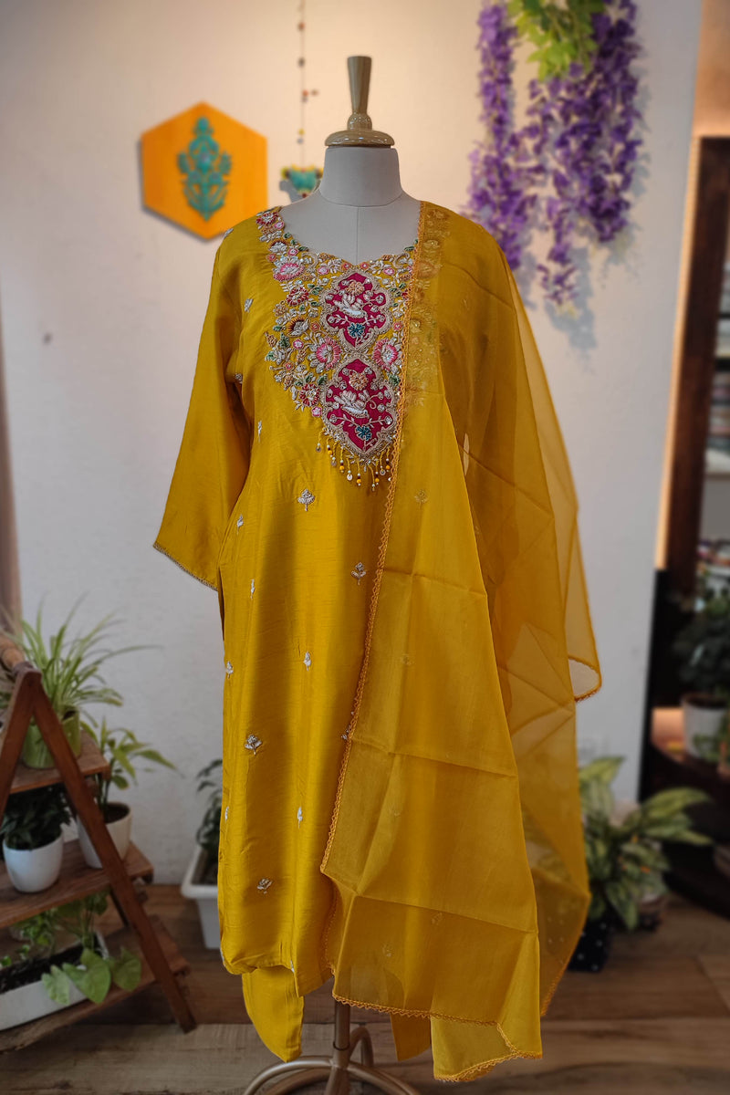 Mustard Yellow crape silk Ready Suit with Multicolor Floral Embroidery & Designer Dupatta