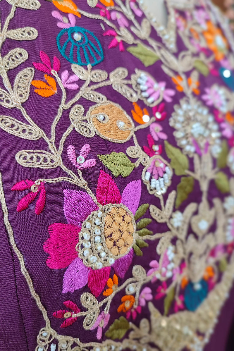 Wine Purple Crepe silk Ready Suit with Multicolor Floral Embroidery & Designer Dupatta
