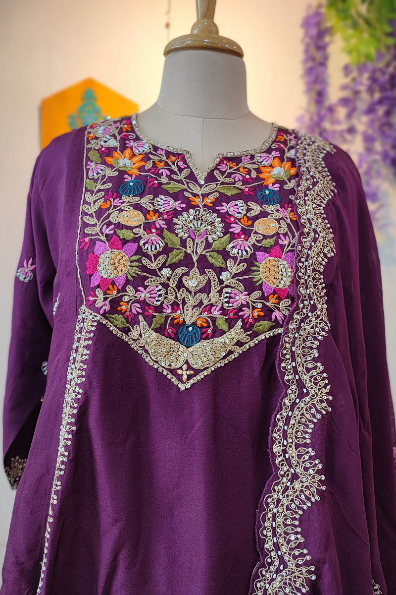 Wine Purple Crepe silk Ready Suit with Multicolor Floral Embroidery & Designer Dupatta