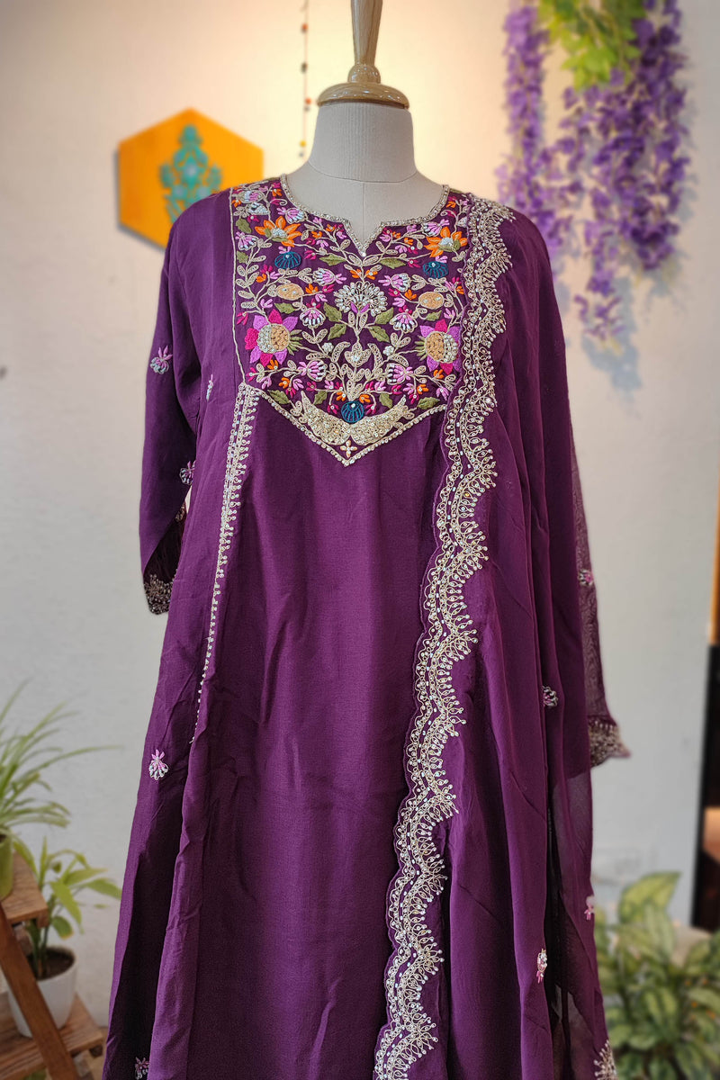 Wine Purple Crepe silk Ready Suit with Multicolor Floral Embroidery & Designer Dupatta