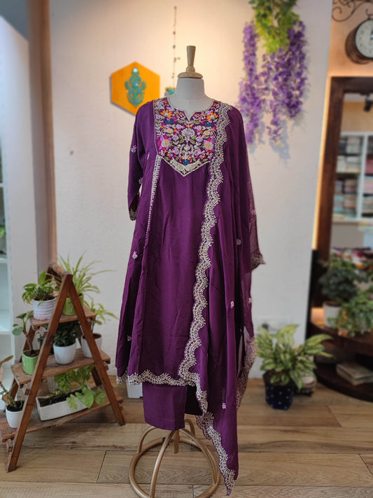Wine Purple Crepe silk Ready Suit with Multicolor Floral Embroidery & Designer Dupatta