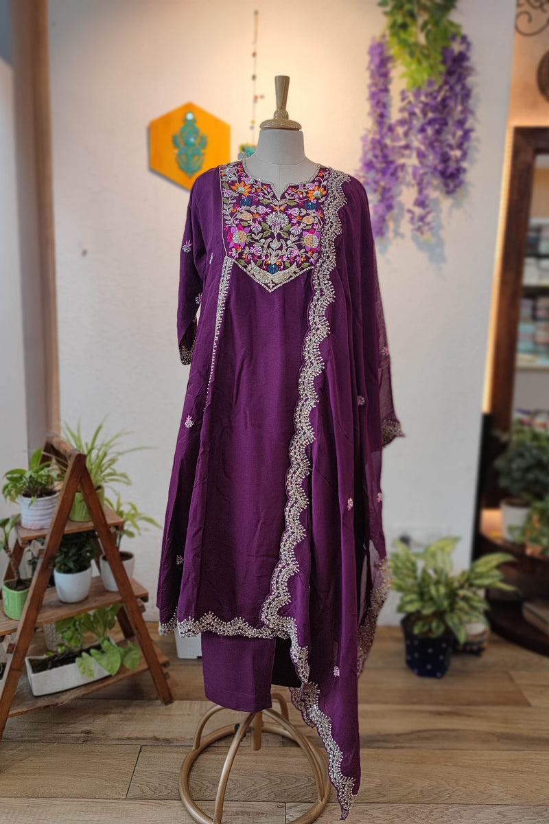 Wine Purple Crepe silk Ready Suit with Multicolor Floral Embroidery & Designer Dupatta