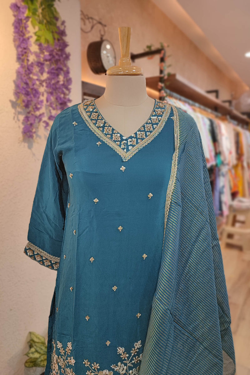 Teal Blue Crepe silk Ready Suit with Intricate handwork Embroidered Neckline & Dupatta and salwar