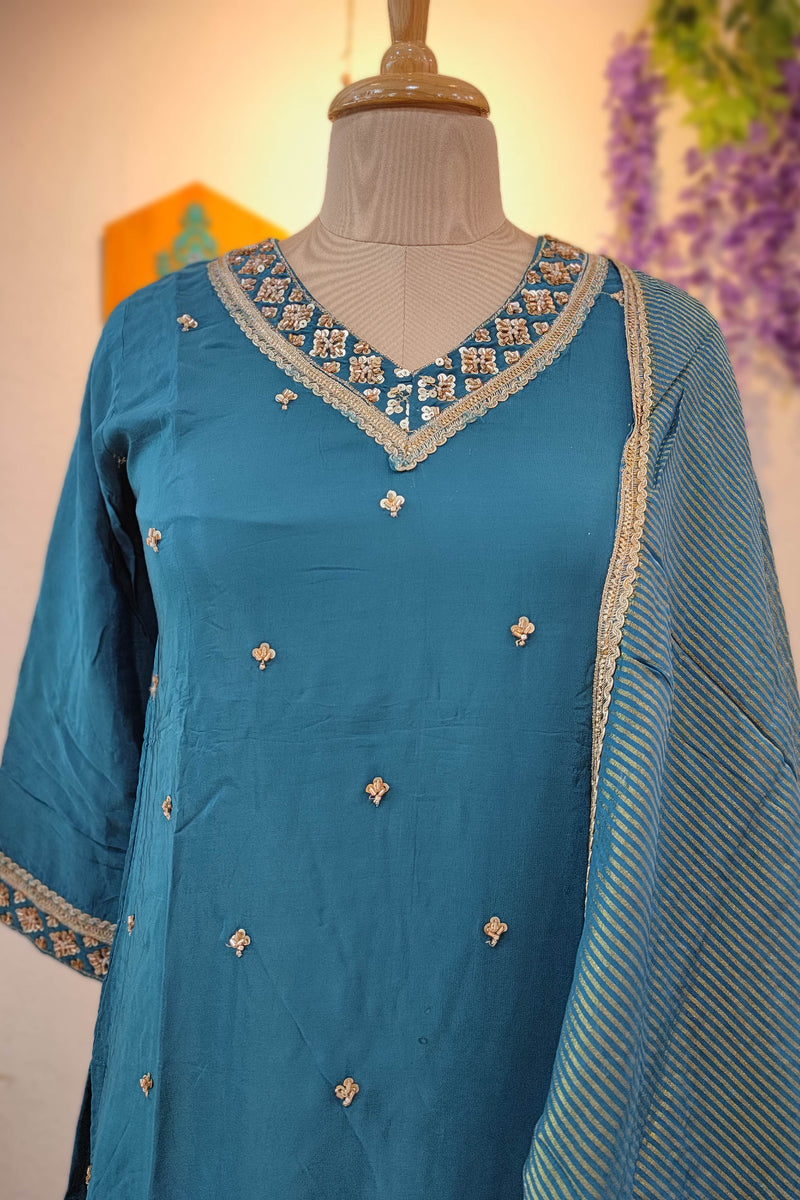 Teal Blue Crepe silk Ready Suit with Intricate handwork Embroidered Neckline & Dupatta and salwar