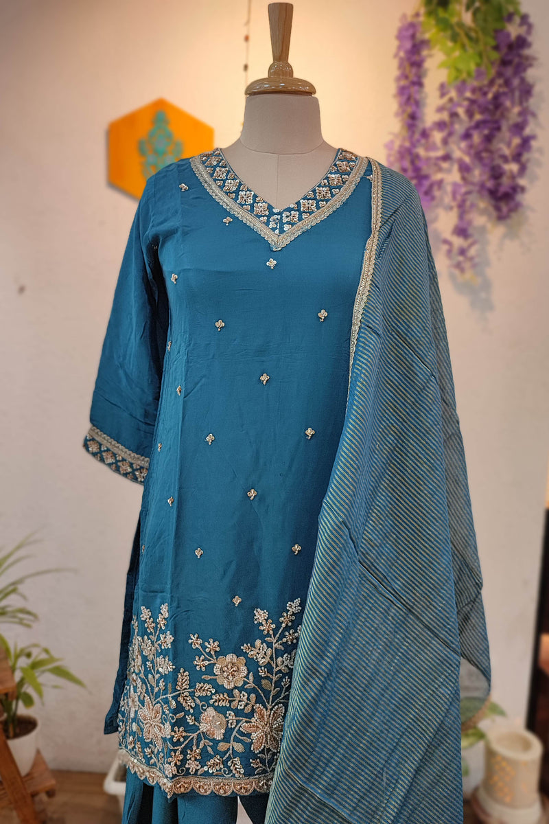 Teal Blue Crepe silk Ready Suit with Intricate handwork Embroidered Neckline & Dupatta and salwar