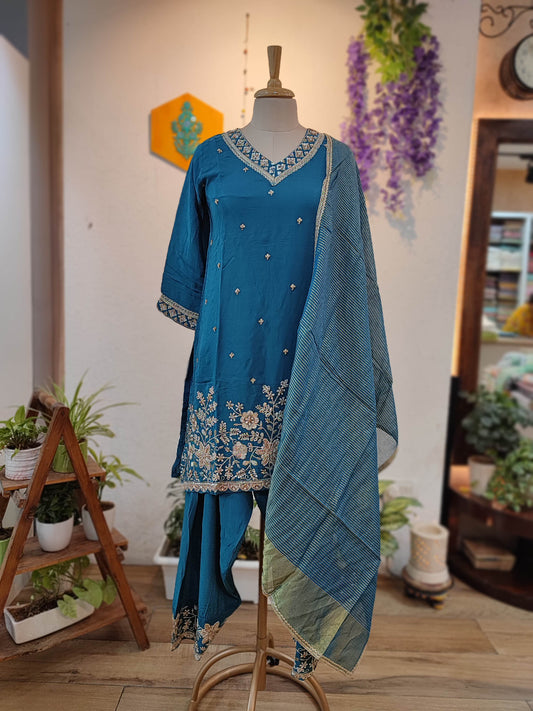 Teal Blue Crepe silk Ready Suit with Intricate handwork Embroidered Neckline & Dupatta and salwar