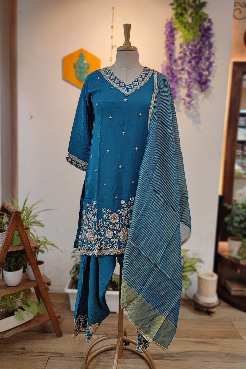 Teal Blue Crepe silk Ready Suit with Intricate handwork Embroidered Neckline & Dupatta and salwar
