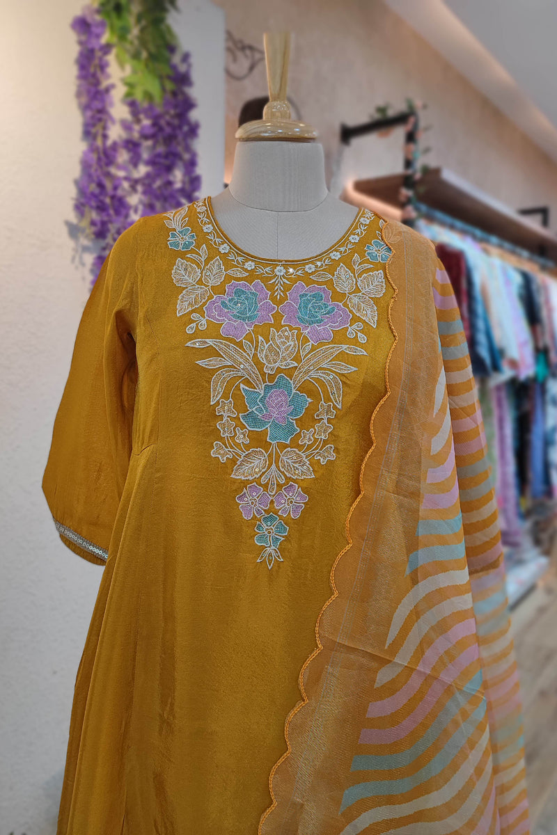 Mustard Yellow Soft tissue georgette Ready Suit with Floral Embroidery & Printed Dupatta
