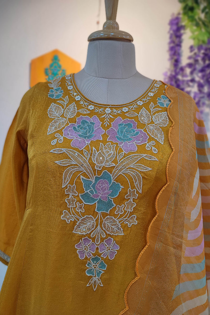 Mustard Yellow Soft tissue georgette Ready Suit with Floral Embroidery & Printed Dupatta