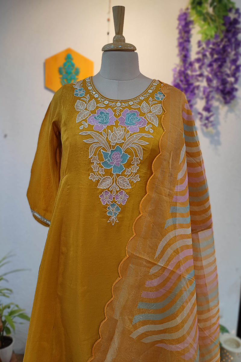 Mustard Yellow Soft tissue georgette Ready Suit with Floral Embroidery & Printed Dupatta
