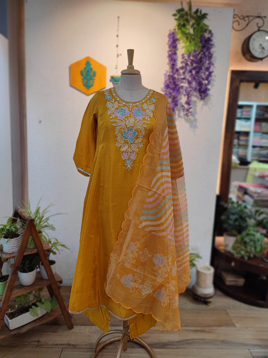 Mustard Yellow Soft tissue georgette Ready Suit with Floral Embroidery & Printed Dupatta