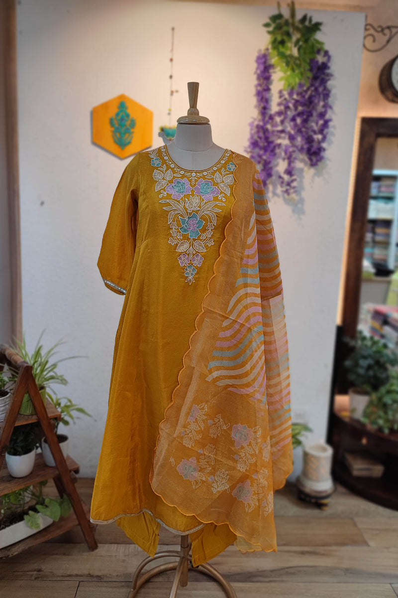 Mustard Yellow Soft tissue georgette Ready Suit with Floral Embroidery & Printed Dupatta