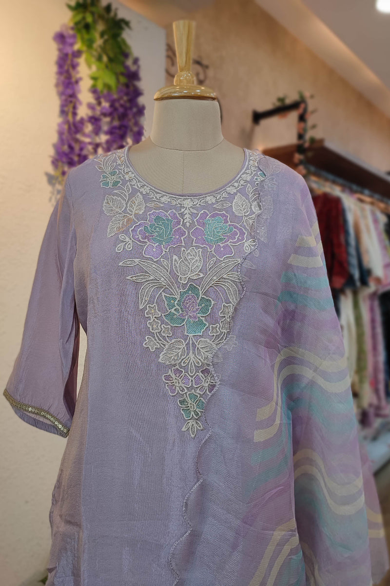Lavender Soft tissue georgette Ready Suit with Floral Embroidery & Printed Dupatta