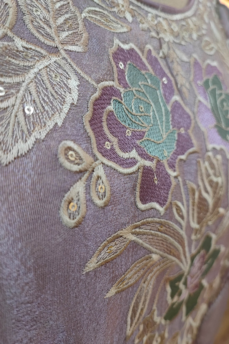 Lavender Soft tissue georgette Ready Suit with Floral Embroidery & Printed Dupatta