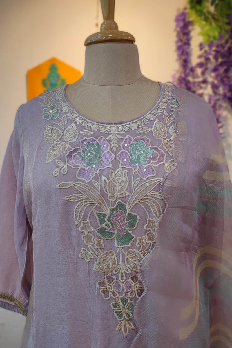 Lavender Soft tissue georgette Ready Suit with Floral Embroidery & Printed Dupatta