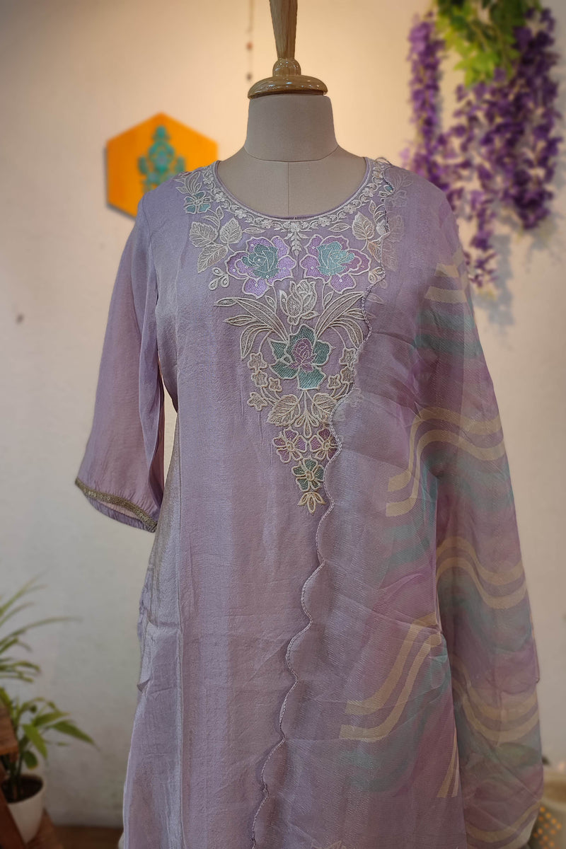 Lavender Soft tissue georgette Ready Suit with Floral Embroidery & Printed Dupatta