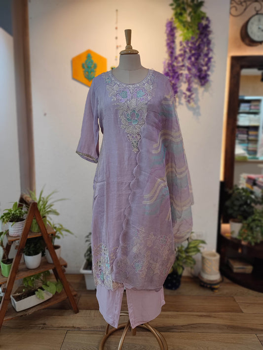Lavender Soft tissue georgette Ready Suit with Floral Embroidery & Printed Dupatta