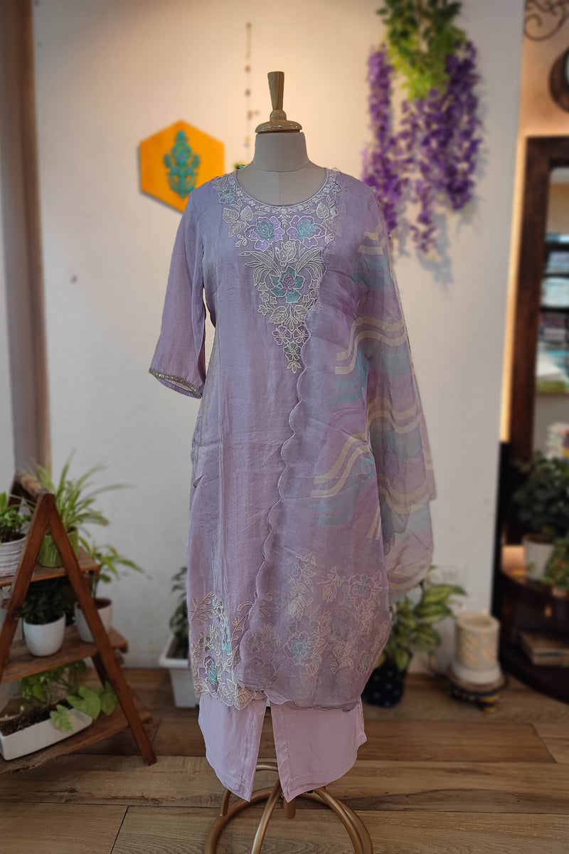 Lavender Soft tissue georgette Ready Suit with Floral Embroidery & Printed Dupatta