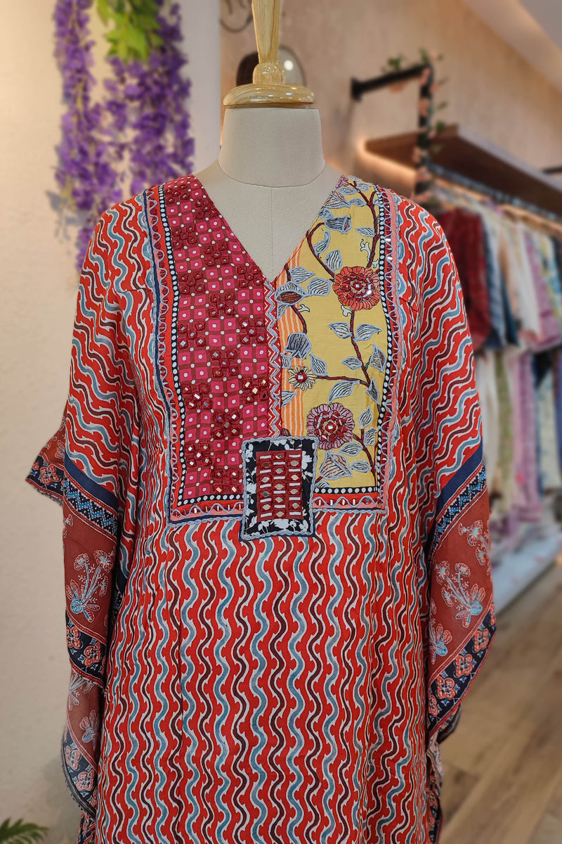 Rust kaftan muslin Printed Ready Suit with Designer Neckline