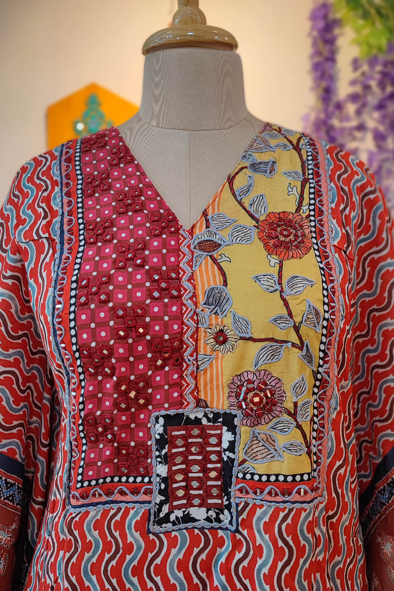 Rust kaftan muslin Printed Ready Suit with Designer Neckline
