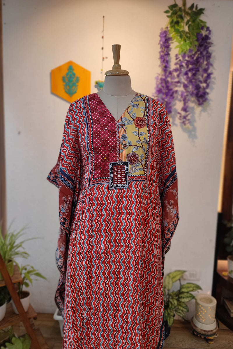 Rust kaftan muslin Printed Ready Suit with Designer Neckline