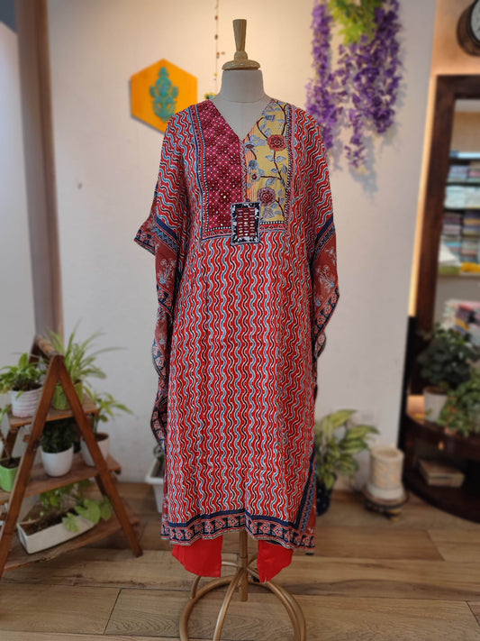 Rust kaftan muslin Printed Ready Suit with Designer Neckline