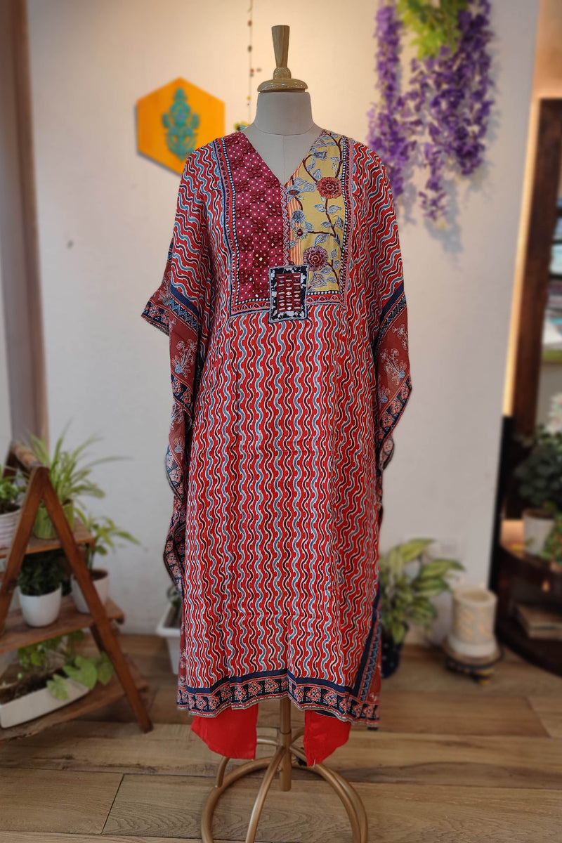 Rust kaftan muslin Printed Ready Suit with Designer Neckline